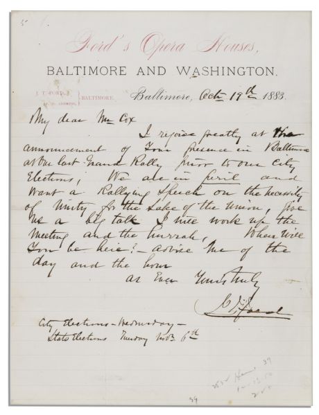 John T. Ford Autograph Letter Signed -- Owner of Ford's Theater Where Lincoln Was Shot -- ''...We are in peril...for the sake of the Union...''