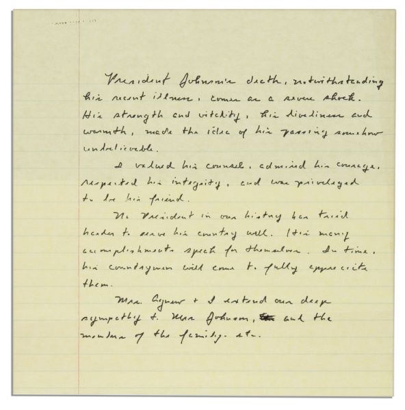 Spiro Agnew Autograph Manuscript Regarding the Sudden Death of President Lyndon B. Johnson -- ''...Comes as a severe shock. His strength and vitality, his liveliness and warmth...''