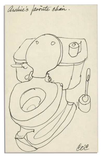 ''Archie Bunker'' Actor Carroll O'Connor Signed Drawing of ''Archie's favorite chair'' -- Not an Easy Chair but a Toilet