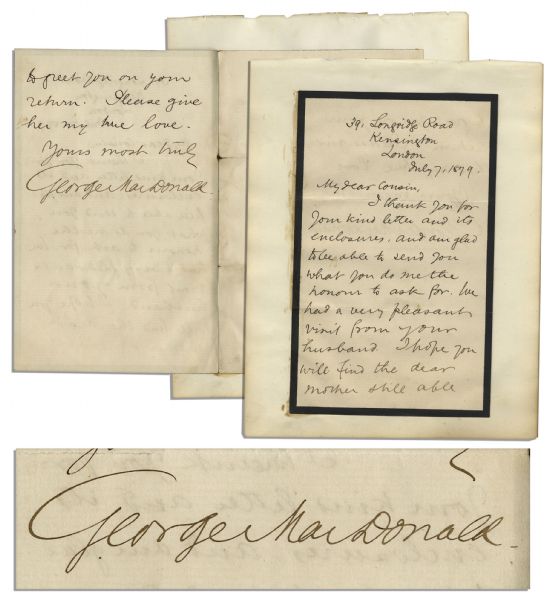 Poet George MacDonald Autograph Letter Signed -- ''...I hope you will find the dear mother still able to greet you on your return...''