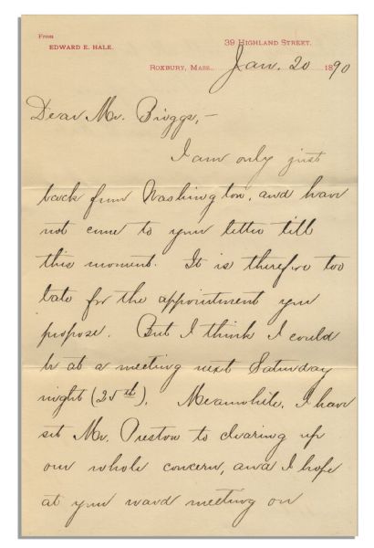 19th Century Author Edward Everett Hale Autograph Letter Signed -- ''...I am only just back from Washington...''