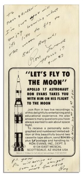 Ron Evans Autograph Letter Twice Signed -- ''...I'm sure you will enjoy hearing what it's like to fly to the moon...'' -- With Other NASA Paraphernalia