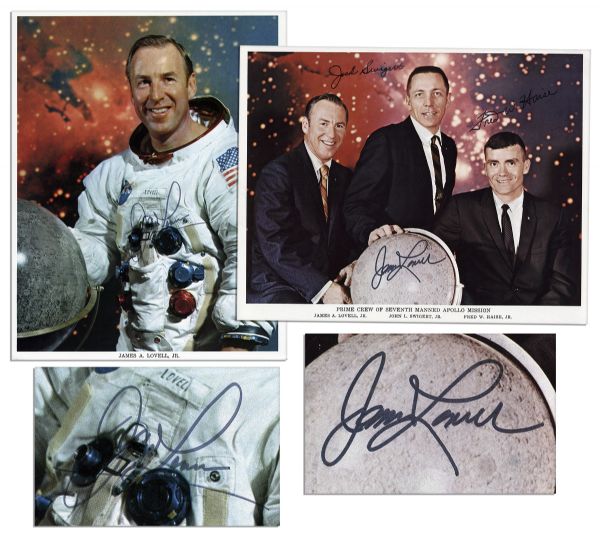Pair of James Lovell 8'' x 10'' Photos Signed -- One Photo of Lovell in His Spacesuit & One Crew Photo of the Apollo 7 Astronauts in Civilian Suits