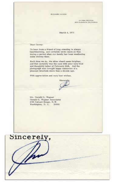 Richard Nixon Typed Letter Signed in 1975, Less Than One Year After Watergate -- ''...our family has been weathering some stormy days...''
