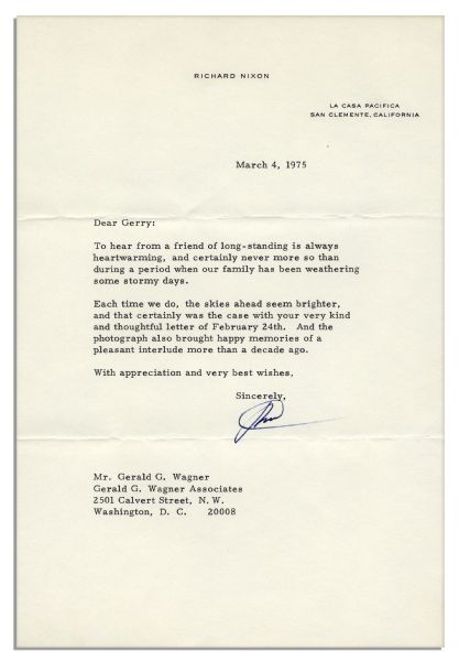 Richard Nixon Typed Letter Signed in 1975, Less Than One Year After Watergate -- ''...our family has been weathering some stormy days...''
