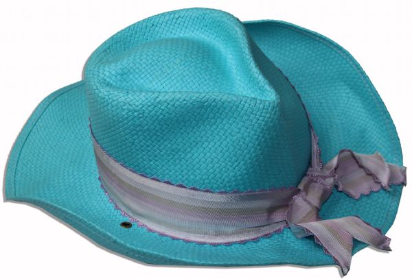 Cher Personally Owned & Worn Bright Aqua Woven Straw Stetson Hat