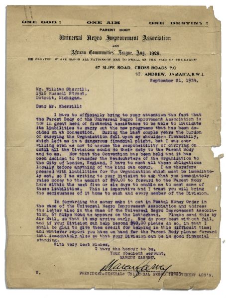Marcus Garvey Letter Signed From 1934 -- On Universal Negro Improvement Association Stationery