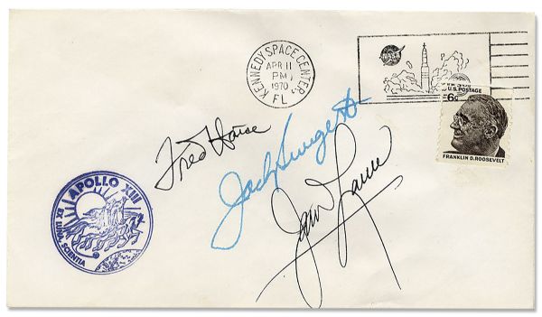 Apollo 13 Crew-Signed Cover -- Cancelled on the Date of the Near-Disastrous Mission's Launch, 11 April 1970