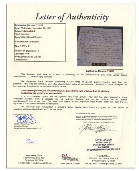 Autograph Letter Signed by Samuel Colt, Founder of Colt's Fire-Arms Company -- The Company That Brought the Revolver to the Masses -- With JSA COA