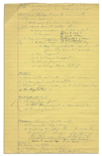 Fascinating Richard Nixon Handwritten Notes Discussing Vietnam -- ''...At present pace - War is at least 2 years longer...''
