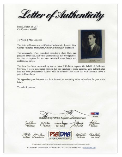 King George VI as Prince Albert Duke of York Photo Display Signed -- Also Signed by Portrait Photographer Bertram Park -- Dated 1926 -- With PSA/DNA
