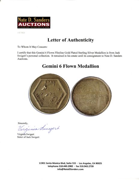 Gemini 6 Flown Fliteline Gold Plated Sterling Silver Medallion