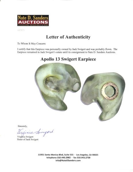 Apollo 13 Command Module Pilot Jack Swigert's Personally Owned Earpiece -- Custom Made For Swigert, Worn & Likely Flown on Apollo 13