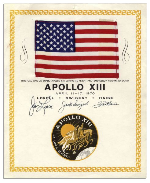 Apollo 13 American Flag Space-Flown -- Affixed to a NASA Certificate Signed By Each Astronaut -- ''This flag was on board Apollo XIII during its flight and Emergency Return to Earth.''