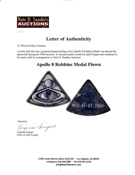 Apollo 8 Robbins Medal Flown