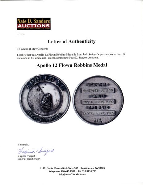 Jack Swigert's Personally Owned Space-Flown Apollo 12 Robbins Medal -- Serial Number 168