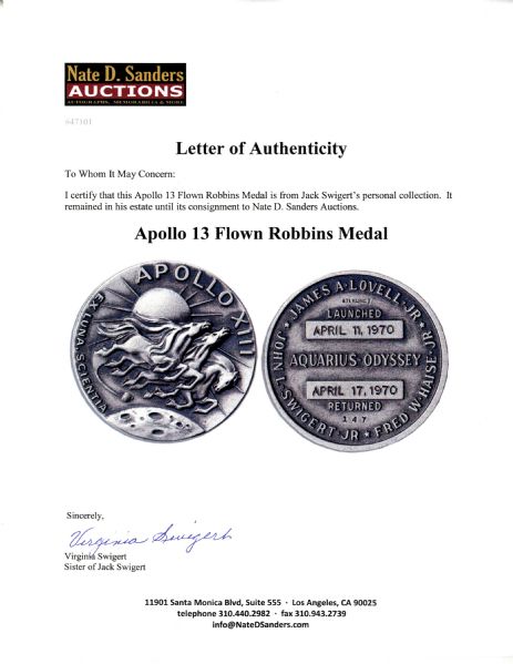 Jack Swigert's Own Scarce Sterling Silver Apollo 13 Flown Robbins Medal -- Serial Number 147