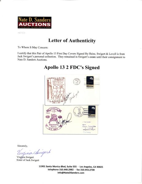 Jack Swigert's Personally Owned Pair of Apollo 13 First Day Covers Signed By Haise, Swigert & Lovell