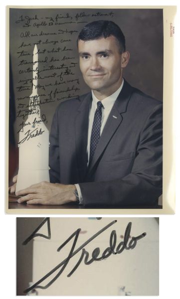 Fred Haise 8'' x 10'' Signed Photo -- Inscribed to Fellow Apollo 13 Astronaut Jack Swigert -- ''To Jack -- my friend, fellow astronaut, and Apollo 13 crewman...'' -- From Swigert's Estate