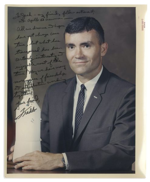 Fred Haise 8'' x 10'' Signed Photo -- Inscribed to Fellow Apollo 13 Astronaut Jack Swigert -- ''To Jack -- my friend, fellow astronaut, and Apollo 13 crewman...'' -- From Swigert's Estate