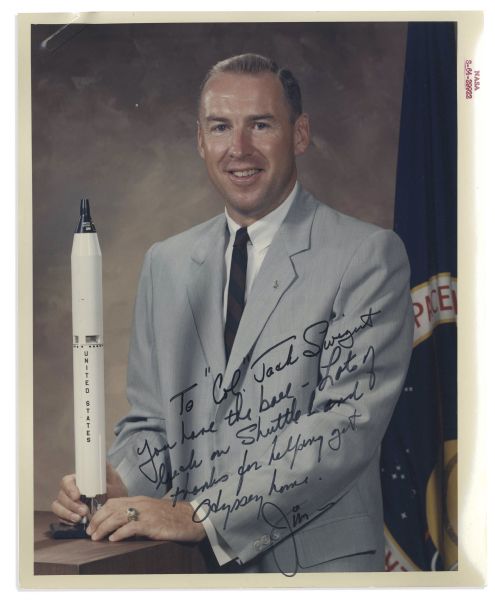 Jim Lovell 8'' x 10'' Signed Photo -- Inscribed to Fellow Apollo 13 Astronaut Jack Swigert -- ''...thanks for helping get Odyssey home...'' -- From Swigert's Estate