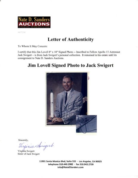 Jim Lovell 8'' x 10'' Signed Photo -- Inscribed to Fellow Apollo 13 Astronaut Jack Swigert -- ''...thanks for helping get Odyssey home...'' -- From Swigert's Estate