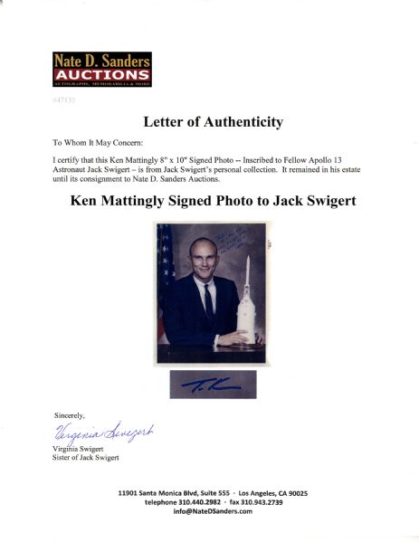 Jack Swigert's Personally Owned Ken Mattingly Signed Photo -- Personally Inscribed -- ''It's a true friend who'll take your place on a 6 a.m. mission...''