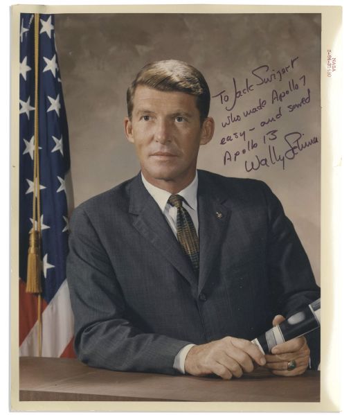 Project Mercury Astronaut Wally Schirra Signed Photo -- Inscribed to Jack Swigert -- ''To Jack Swigert / Who made Apollo 7 easy -- and saved Apollo 13...''