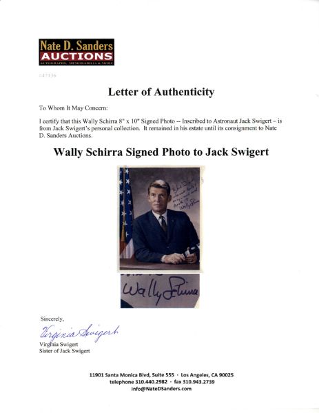 Project Mercury Astronaut Wally Schirra Signed Photo -- Inscribed to Jack Swigert -- ''To Jack Swigert / Who made Apollo 7 easy -- and saved Apollo 13...''