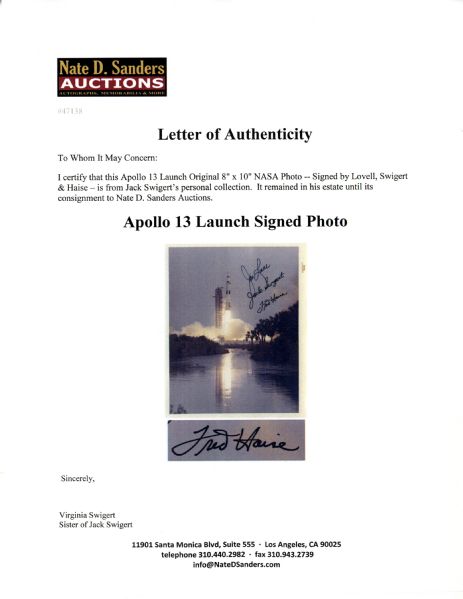 Jack Swigert's Personally Owned Apollo 13 Launch Original 8'' x 10'' NASA Photo -- Signed by Lovell, Swigert & Haise
