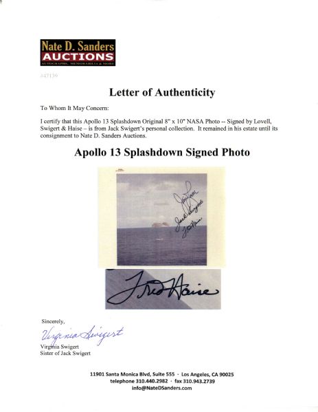 Jack Swigert's Personally Owned Apollo 13 Splashdown Original NASA Photo -- Signed by Lovell, Swigert & Haise