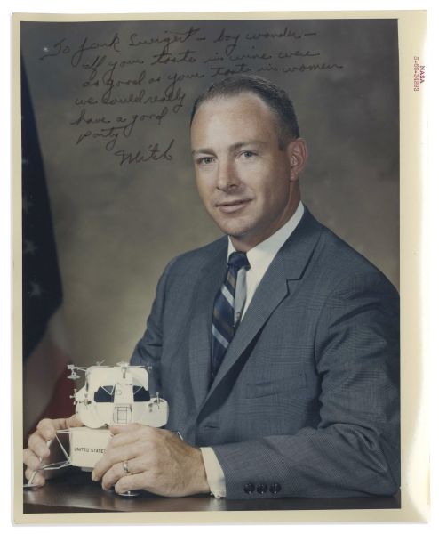 Ed Mitchell Signed Photo -- Inscribed to Jack Swigert -- ''If your taste in wine were as good as your taste in women we could really have a good party...''
