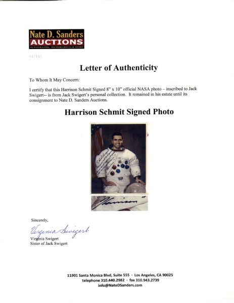 Harrison Schmitt 8'' x 10'' Signed Photo -- Inscribed to Jack Swigert