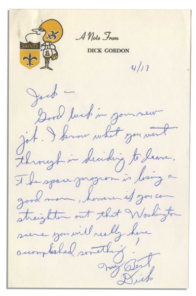 Apollo 12 Astronaut Dick Gordon Autograph Letter Signed to NASA Colleague Jack Swigert -- ''...I know what you went through in deciding to leave. The space program is losing a good man...''