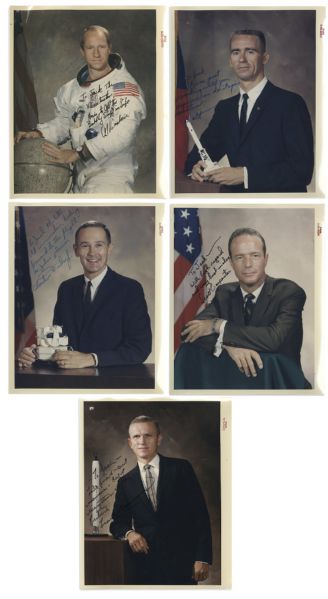 Lot of 5 Apollo &/ or Mercury Astronaut 8'' x 10'' Photos Signed -- All Dedicated to Apollo 13 Pilot Jack Swigert -- Including One From Scott Carpenter of The Original Mercury 7