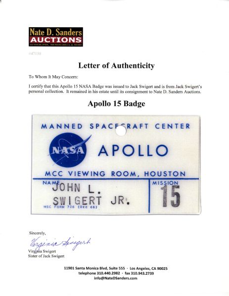 Jack Swigert's Apollo 15 Badge Issued by NASA -- Fine