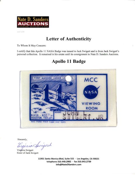 Jack Swigert's NASA Badge From Apollo 11 -- Fine