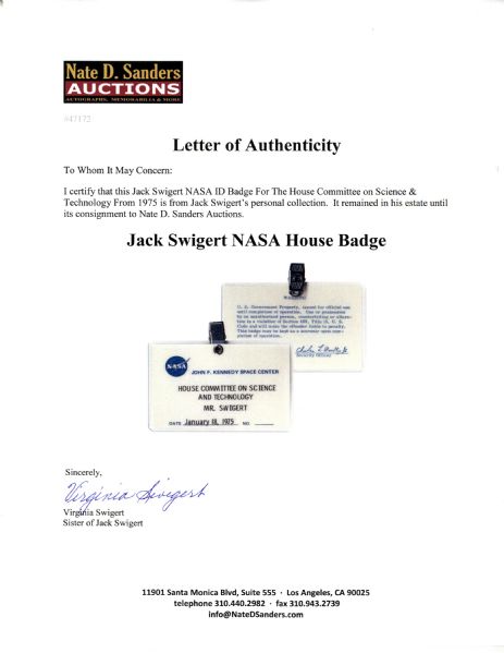 Jack Swigert's NASA ID Badge For The House Committee on Science & Technology From 1975 -- Fine