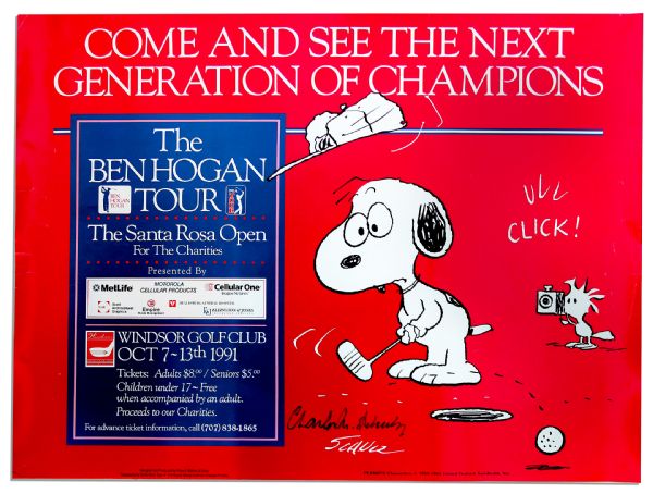 Charles Schulz Signed Peanuts Poster -- From a 1990 Golf Tournament -- Depicting Snoopy Biffing a Putt