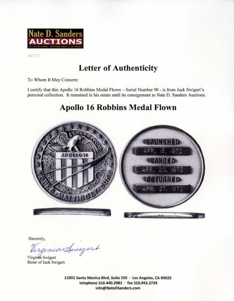 Jack Swigert's Personally Owned Incredibly Scarce Apollo 16 Robbins Medal Flown -- Serial Number 90 -- One of Only 98 Flown