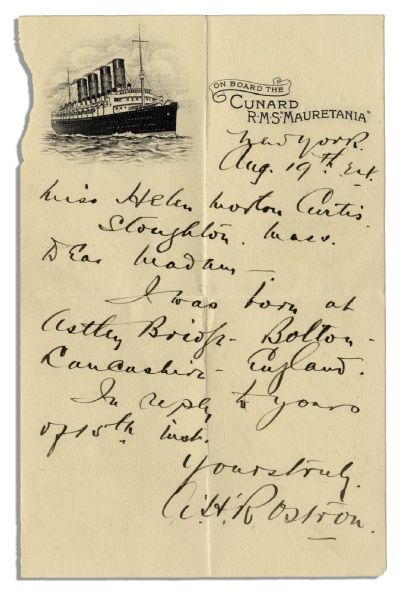 Titanic Rescuing Captain Arthur Rostron Autograph Letter Signed