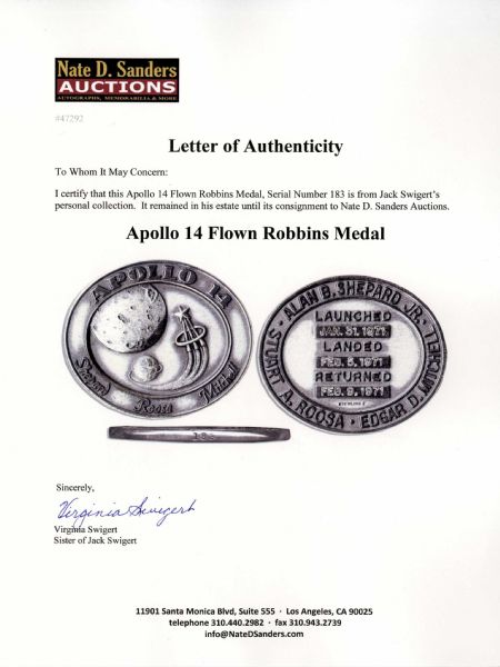 Jack Swigert's Personally Owned Apollo 14 Flown Robbins Medal, Serial Number 183