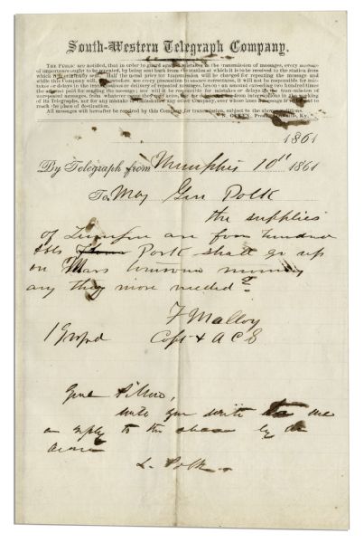 Confederate General Leonidas Polk Autograph Note Signed