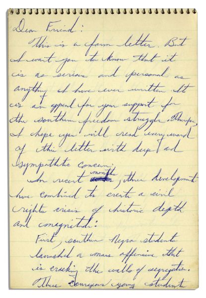 Martin Luther King, Jr. Autograph Letter -- With Incredible Content -- ''...southern Negro students launched a mass offensive that is cracking the walls of segregation...''