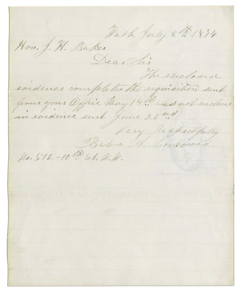 Belva Lockwood Autograph Letter Signed -- One of The First Female Attorneys & Candidates To Run For President