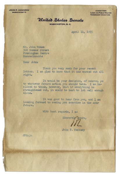 John F. Kennedy Typed Letter Signed as Senator of Massachusetts