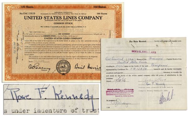 Rose F. Kennedy Signed United States Lines Company Stock Certificate