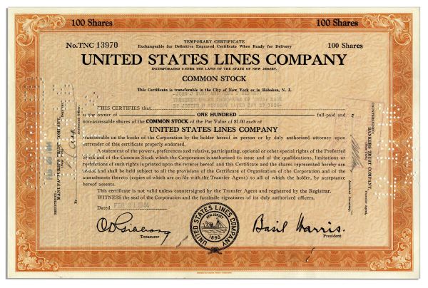 Rose F. Kennedy Signed United States Lines Company Stock Certificate
