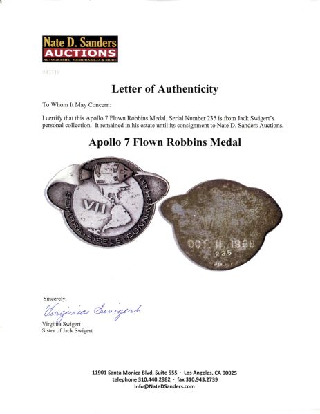 Jack Swigert's Personally Owned Apollo 7 Flown Robbins Medal, Serial #235