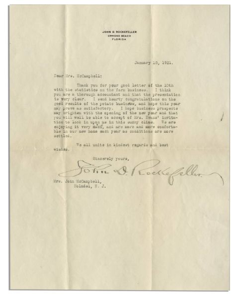 John D. Rockefeller Typed Letter Signed -- ''...I send hearty congratulations on the good results of the potato business...''